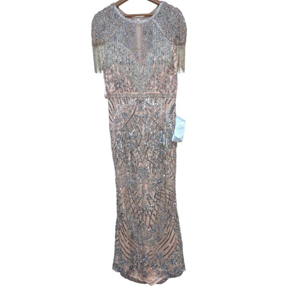 Mac Duggal Beaded Fringe Gown Size 14 – Nude Silver Embellished Maxi Dress NWT - Picture 4 of 10